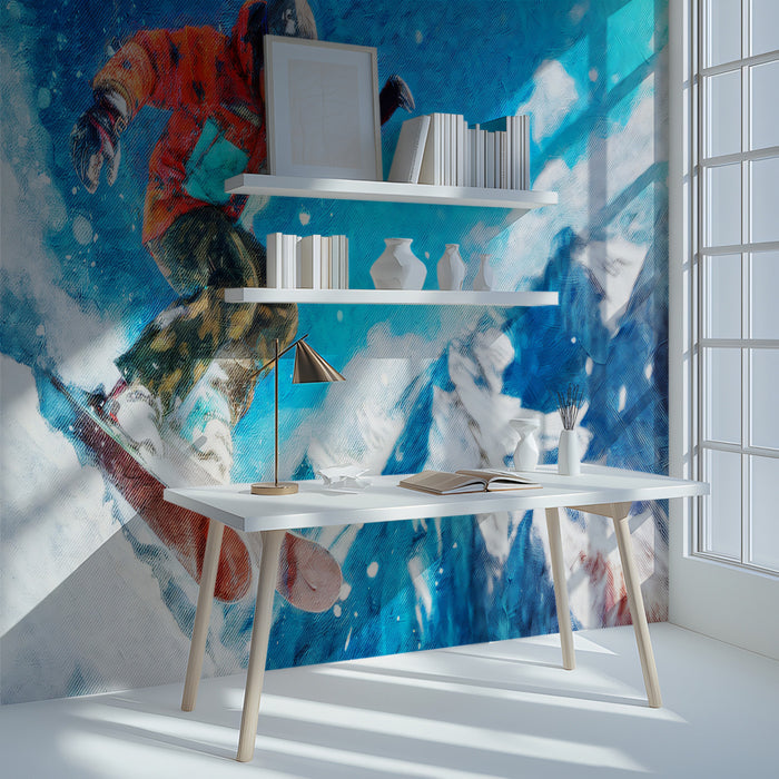 Vibrant Snowboarder Oil Painting Mural Wallpaper | Red and Blue Contrast, Mountain Peaks, High Texture Action