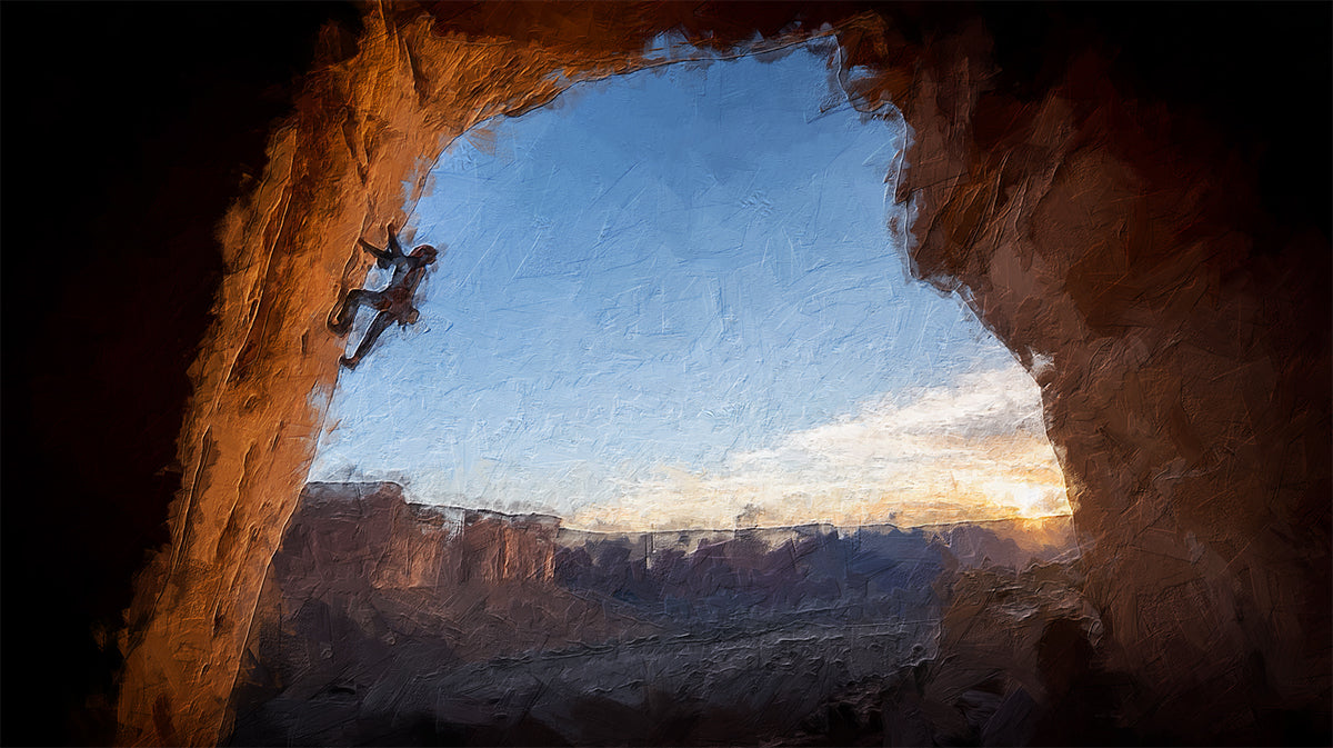 Cave Entrance Rock Climber Mural Wallpaper | Oil Painting Texture, Warm Orange and Blue Contrast, Vertical Challenge