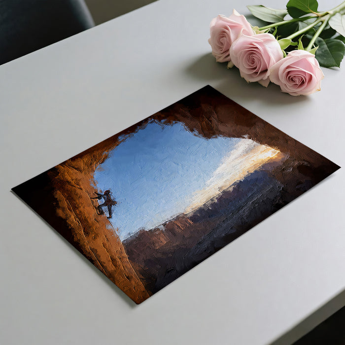 Cave Entrance Rock Climber Mural Wallpaper | Oil Painting Texture, Warm Orange and Blue Contrast, Vertical Challenge