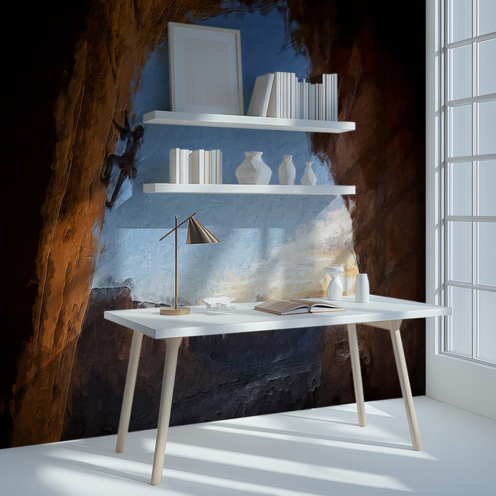 Cave Entrance Rock Climber Mural Wallpaper | Oil Painting Texture, Warm Orange and Blue Contrast, Vertical Challenge