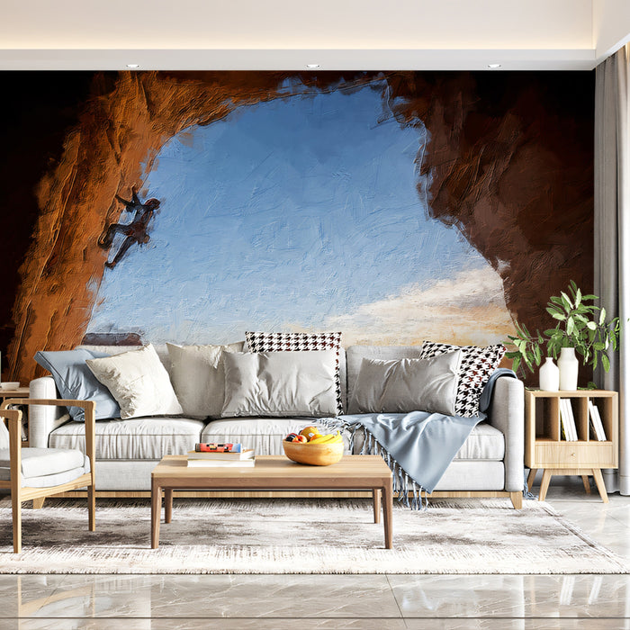 Cave Entrance Rock Climber Mural Wallpaper | Oil Painting Texture, Warm Orange and Blue Contrast, Vertical Challenge