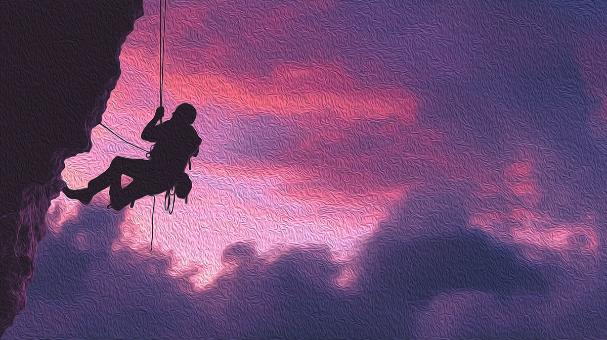 Abstract Sunset Climber Mural Wallpaper | Oil Paint Silhouette, Purple and Pink Sky, Extreme Height Drama