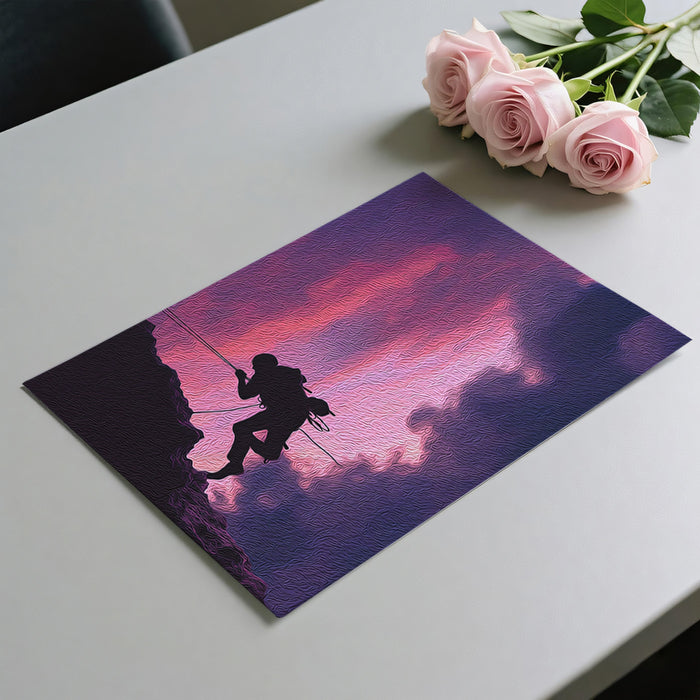 Abstract Sunset Climber Mural Wallpaper | Oil Paint Silhouette, Purple and Pink Sky, Extreme Height Drama