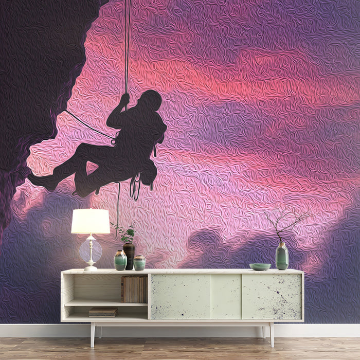 Abstract Sunset Climber Mural Wallpaper | Oil Paint Silhouette, Purple and Pink Sky, Extreme Height Drama