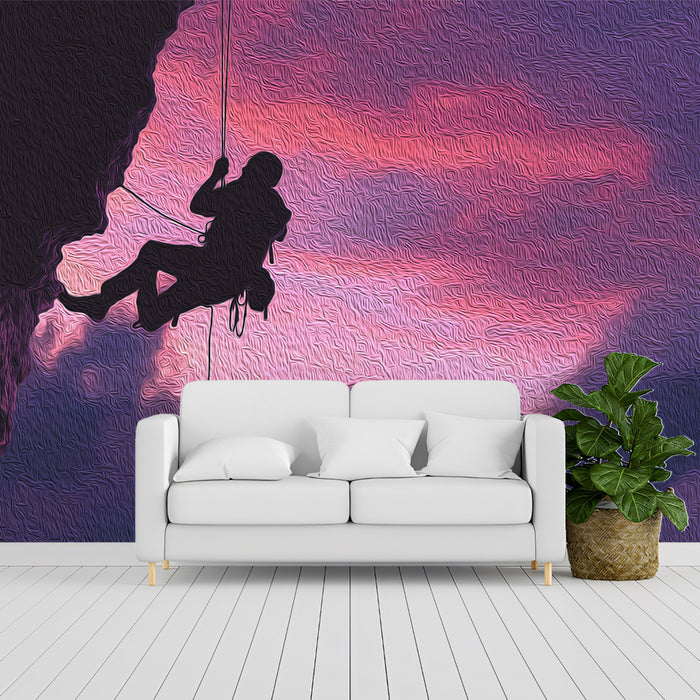Abstract Sunset Climber Mural Wallpaper | Oil Paint Silhouette, Purple and Pink Sky, Extreme Height Drama