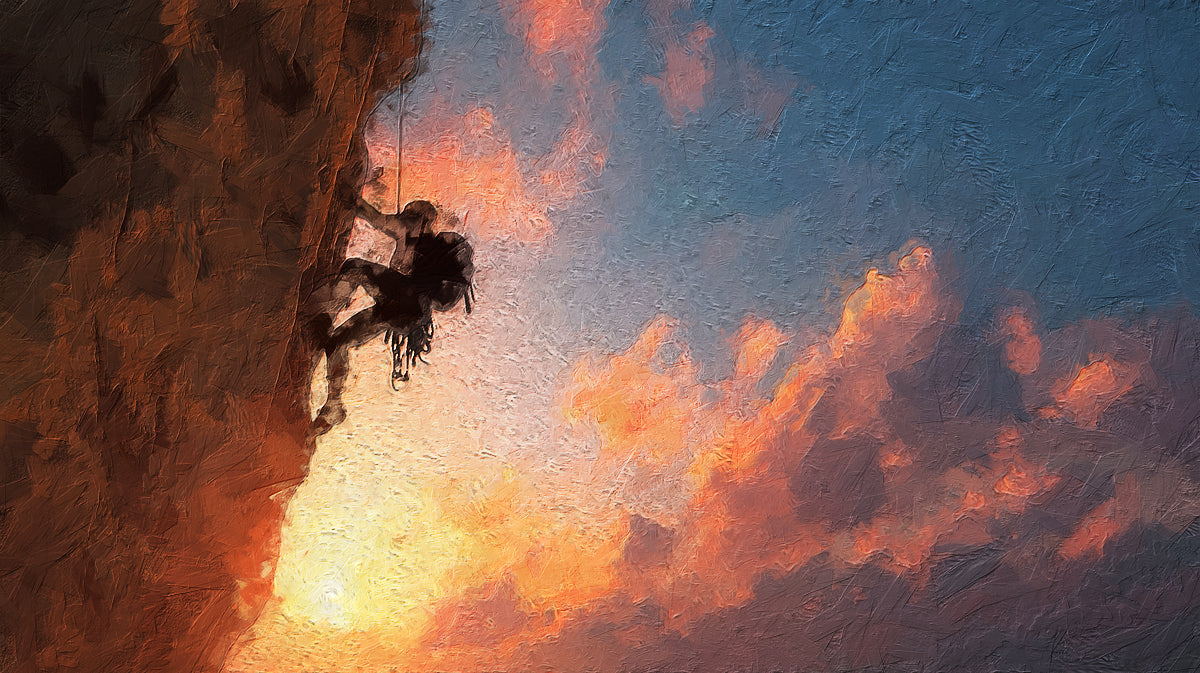 Climber Sunset Oil Painting Mural Wallpaper | Warm Orange Glow, Textured Rock Face, High-Risk Action