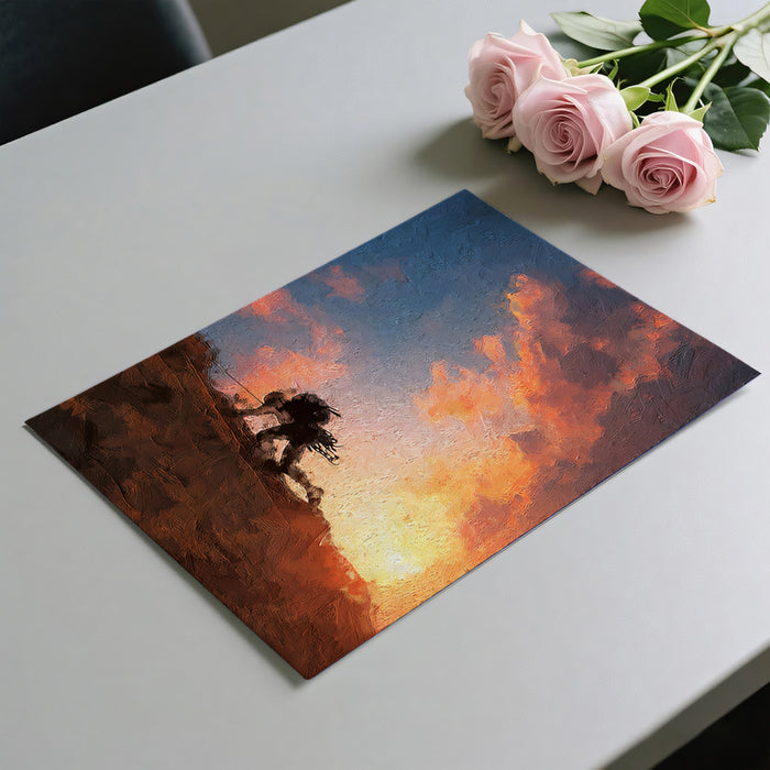 Climber Sunset Oil Painting Mural Wallpaper | Warm Orange Glow, Textured Rock Face, High-Risk Action