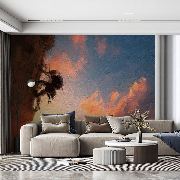 Climber Sunset Oil Painting Mural Wallpaper | Warm Orange Glow, Textured Rock Face, High-Risk Action