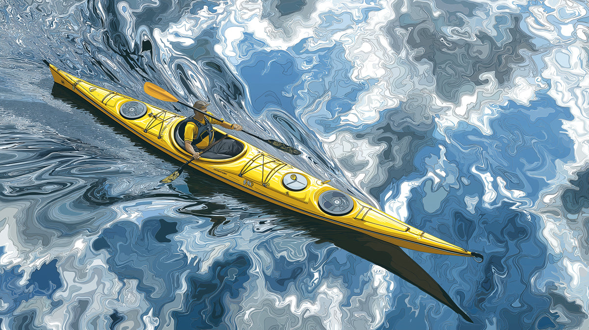 Yellow Kayak Turbulent Water Mural Wallpaper | Overhead Perspective, Dynamic Swirls, Vector Illustration
