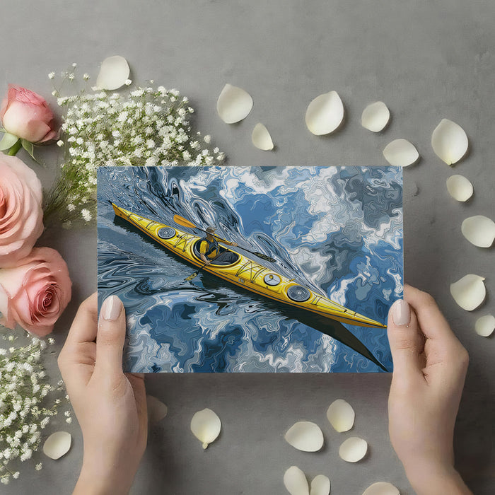 Yellow Kayak Turbulent Water Mural Wallpaper | Overhead Perspective, Dynamic Swirls, Vector Illustration