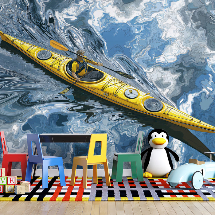 Yellow Kayak Turbulent Water Mural Wallpaper | Overhead Perspective, Dynamic Swirls, Vector Illustration
