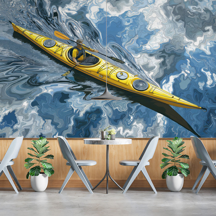 Yellow Kayak Turbulent Water Mural Wallpaper | Overhead Perspective, Dynamic Swirls, Vector Illustration