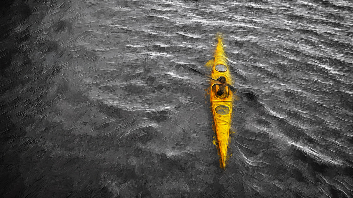 Yellow Kayak Dark Water Mural Wallpaper | Oil Painting, High Contrast Monochrome, Focused Solo Journey