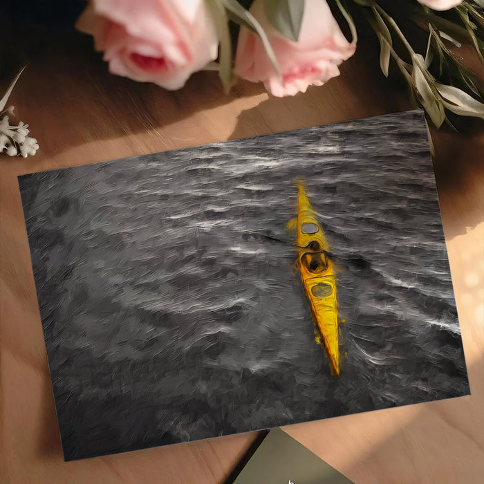Yellow Kayak Dark Water Mural Wallpaper | Oil Painting, High Contrast Monochrome, Focused Solo Journey