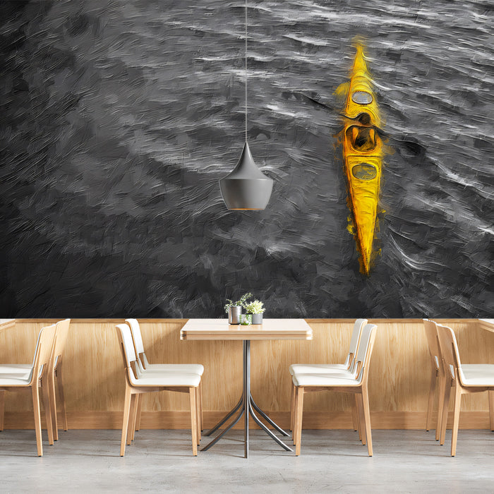 Yellow Kayak Dark Water Mural Wallpaper | Oil Painting, High Contrast Monochrome, Focused Solo Journey