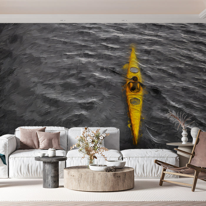 Yellow Kayak Dark Water Mural Wallpaper | Oil Painting, High Contrast Monochrome, Focused Solo Journey