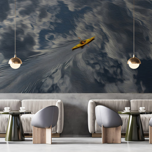 Modern interior with abstract wall art of a kayaker on water, pendant lights, and gray furniture.