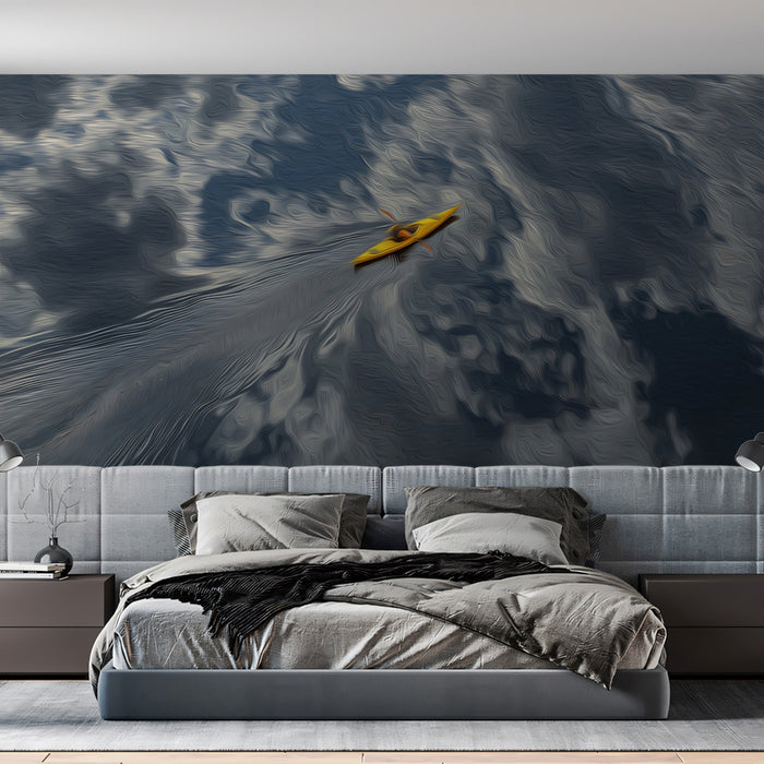 Bedroom with a large wall mural of a kayaker on water.