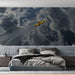 Bedroom with a large wall mural of a kayaker on water.