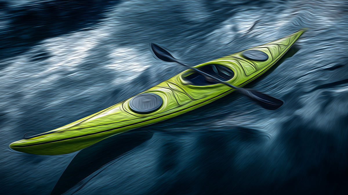 Neon Green Kayak Dark Water Mural Wallpaper | Oil Painting, Vivid Color Contrast, Dynamic Strokes