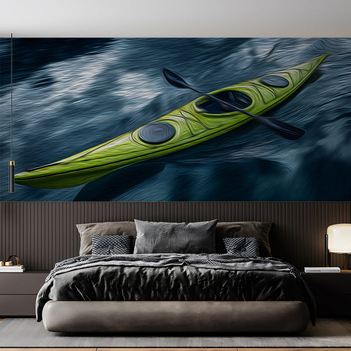 Neon Green Kayak Dark Water Mural Wallpaper | Oil Painting, Vivid Color Contrast, Dynamic Strokes