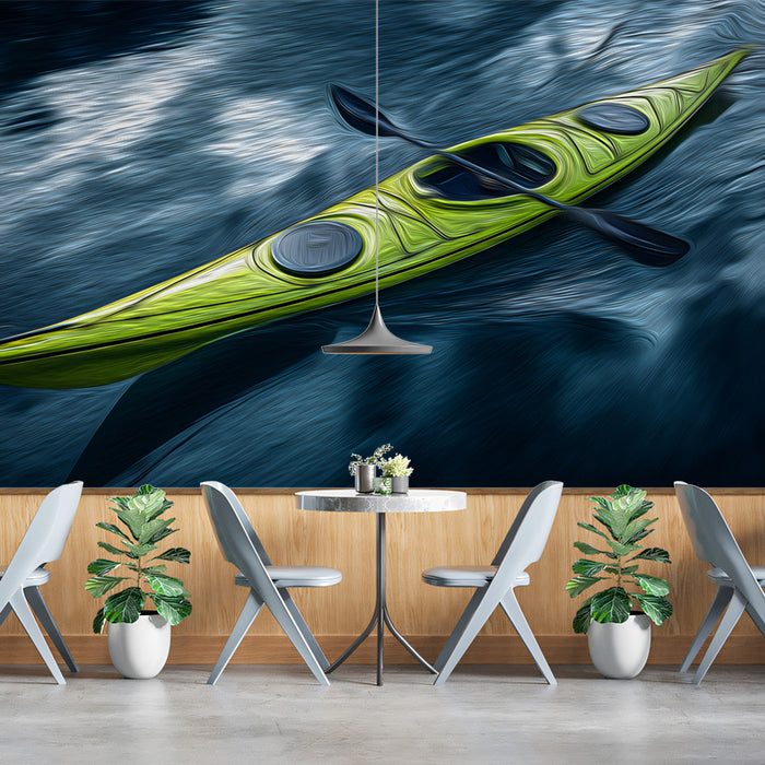 Neon Green Kayak Dark Water Mural Wallpaper | Oil Painting, Vivid Color Contrast, Dynamic Strokes