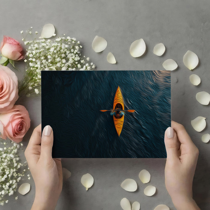 Overhead Kayaker Oil Painting Mural Wallpaper | Warm Orange Kayak, Dark Blue Water, Expressionist Motion