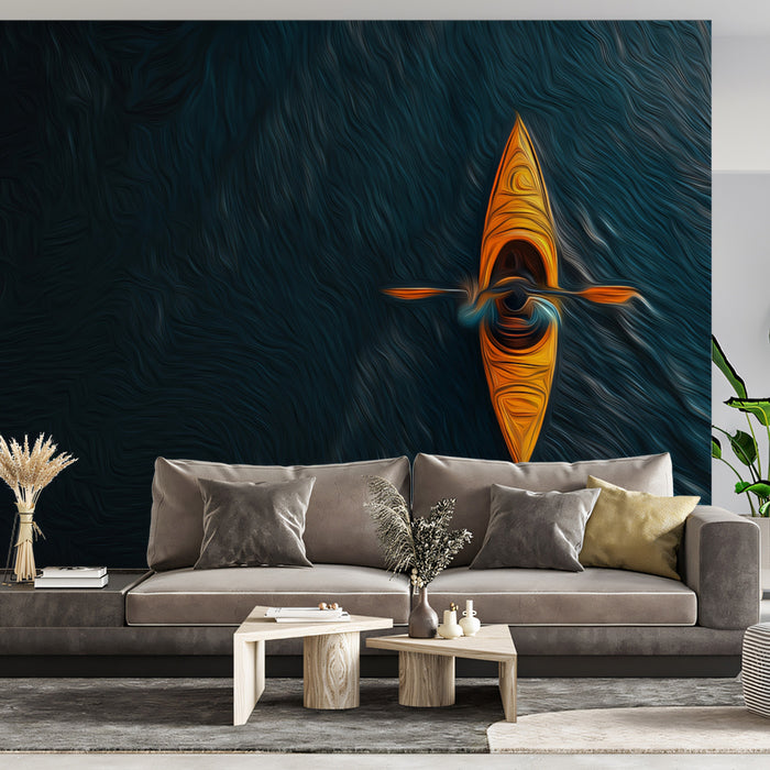 Overhead Kayaker Oil Painting Mural Wallpaper | Warm Orange Kayak, Dark Blue Water, Expressionist Motion