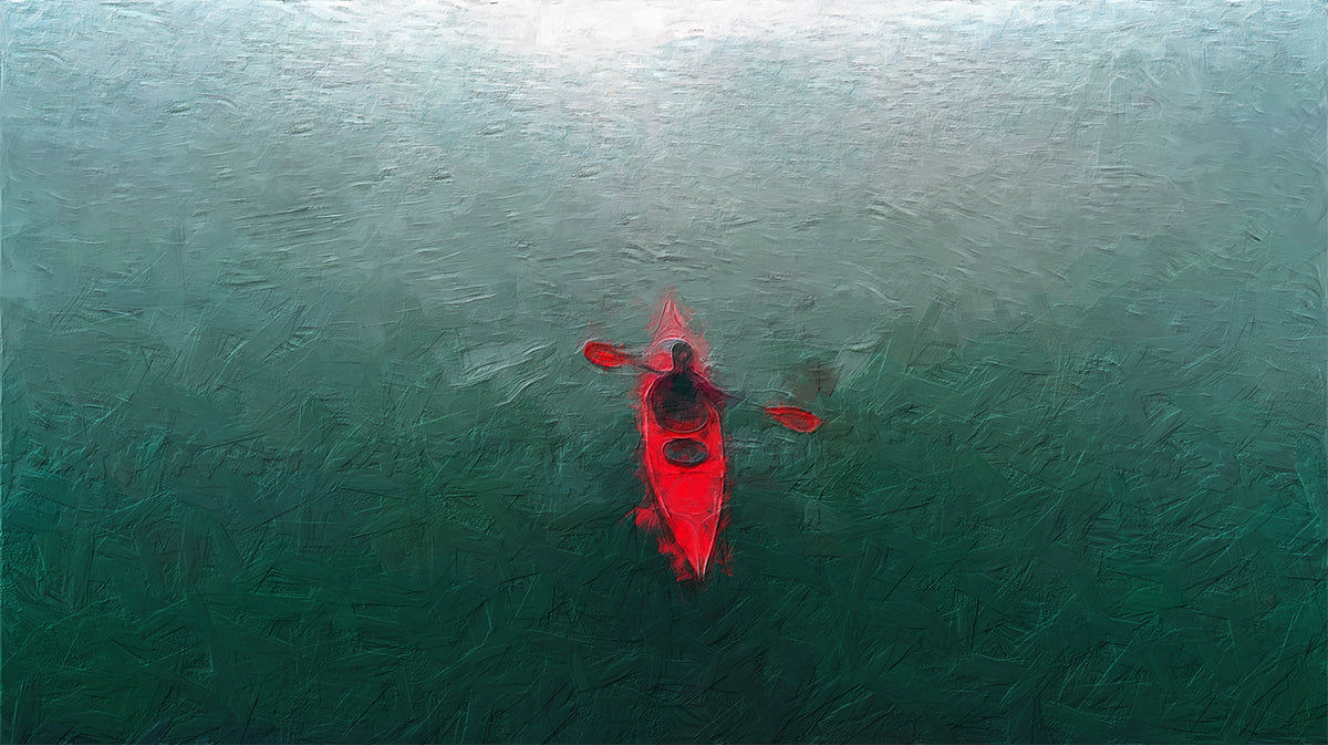 Solitary Red Kayak Close-up Mural Wallpaper | Oil Paint Texture, Dark Teal Water, Monochromatic Focus