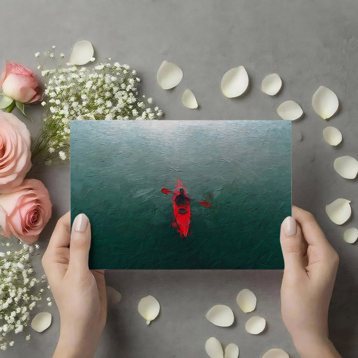 Solitary Red Kayak Close-up Mural Wallpaper | Oil Paint Texture, Dark Teal Water, Monochromatic Focus