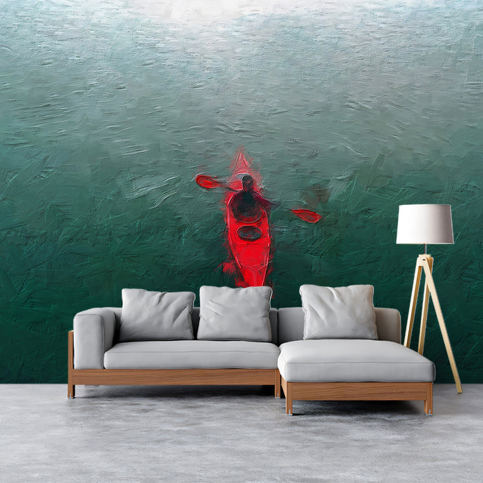 Solitary Red Kayak Close-up Mural Wallpaper | Oil Paint Texture, Dark Teal Water, Monochromatic Focus