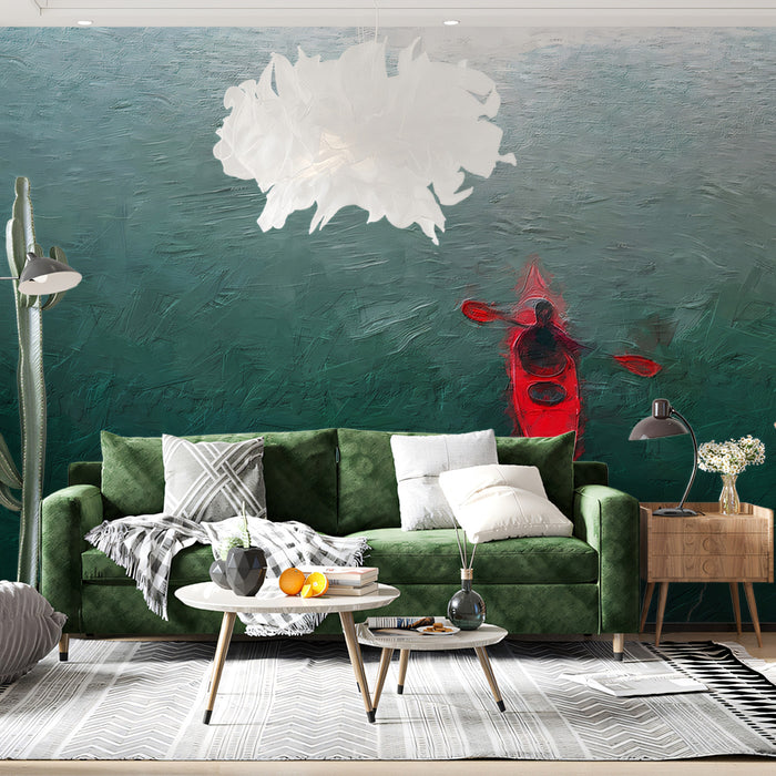 Solitary Red Kayak Close-up Mural Wallpaper | Oil Paint Texture, Dark Teal Water, Monochromatic Focus