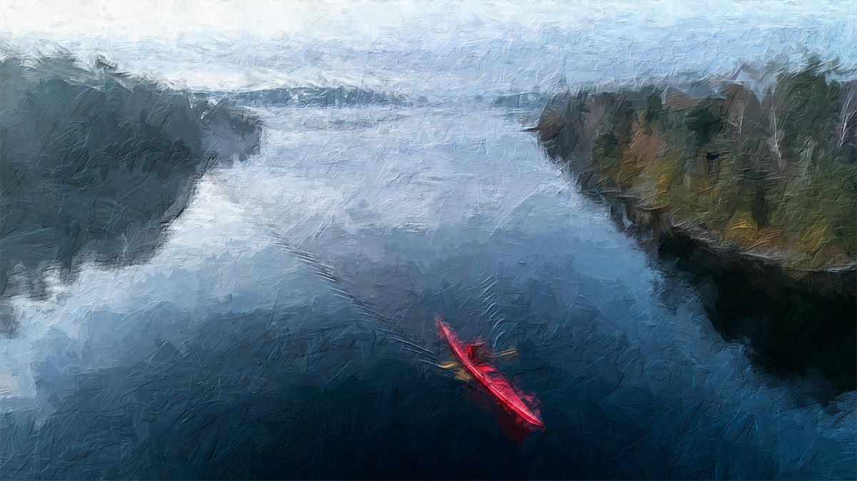 Red Kayak Forest River Mural Wallpaper | Aerial View, Oil Painting, Moody Tones, Natural Landscape