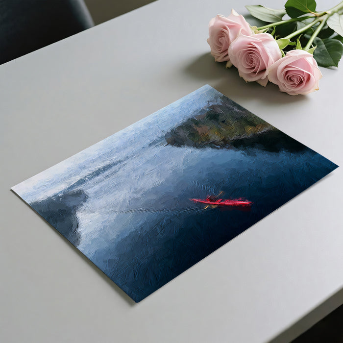 Red Kayak Forest River Mural Wallpaper | Aerial View, Oil Painting, Moody Tones, Natural Landscape