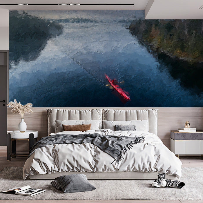 Red Kayak Forest River Mural Wallpaper | Aerial View, Oil Painting, Moody Tones, Natural Landscape