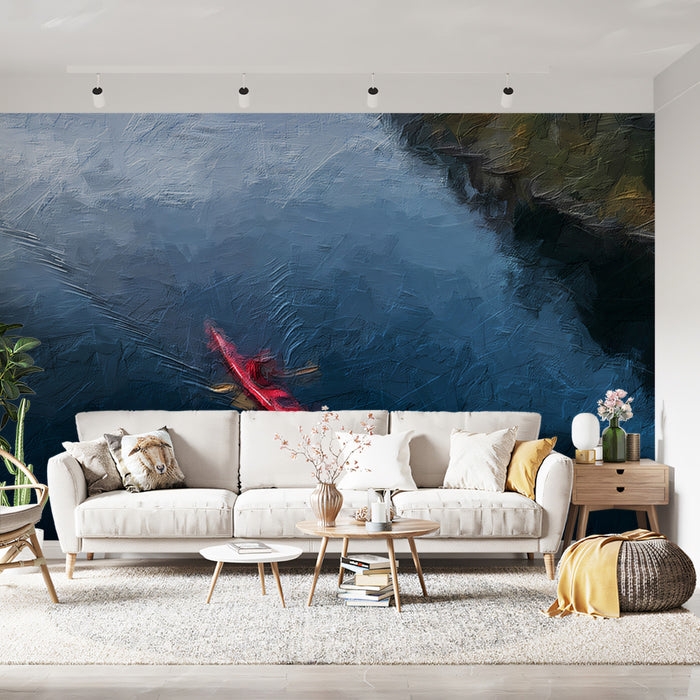 Red Kayak Forest River Mural Wallpaper | Aerial View, Oil Painting, Moody Tones, Natural Landscape