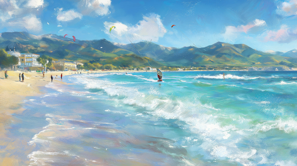 Mediterranean Beach Windsurfing Mural Wallpaper | Impressionist Style, Bright Turquoise Sea, Coastal Townscape