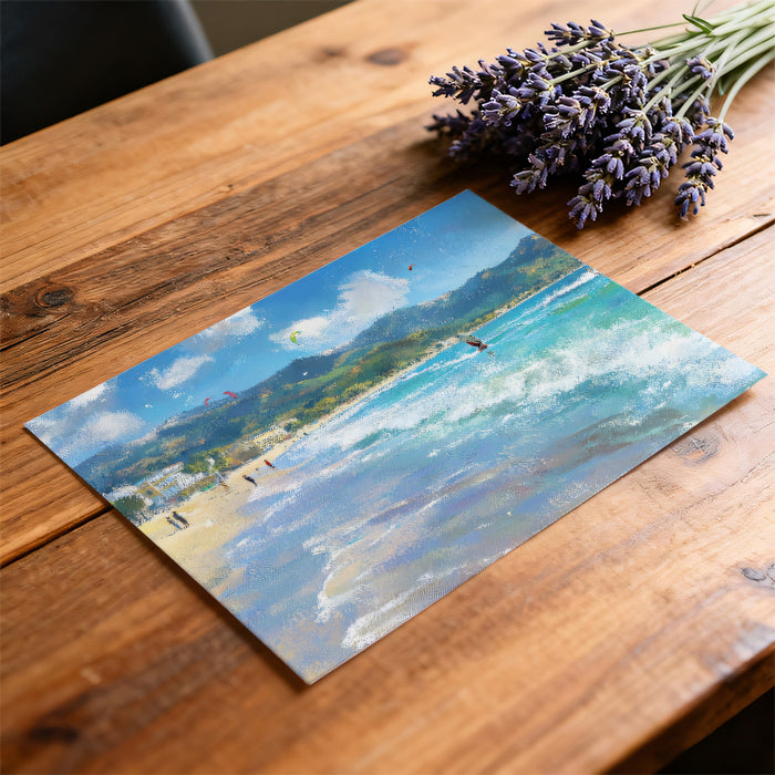 Mediterranean Beach Windsurfing Mural Wallpaper | Impressionist Style, Bright Turquoise Sea, Coastal Townscape