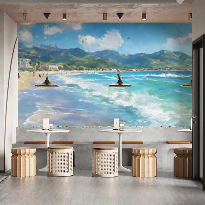 Mediterranean Beach Windsurfing Mural Wallpaper | Impressionist Style, Bright Turquoise Sea, Coastal Townscape