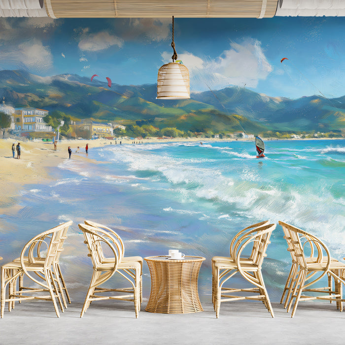 Mediterranean Beach Windsurfing Mural Wallpaper | Impressionist Style, Bright Turquoise Sea, Coastal Townscape