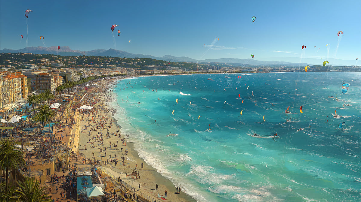 French Riviera Kite Surfing Mural Wallpaper | Aerial Coastal Panorama, Vibrant Turquoise Water, Busy Beach Scene