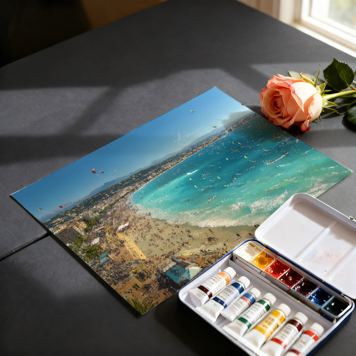 French Riviera Kite Surfing Mural Wallpaper | Aerial Coastal Panorama, Vibrant Turquoise Water, Busy Beach Scene