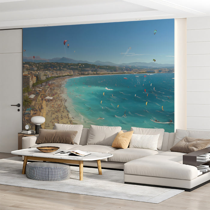 French Riviera Kite Surfing Mural Wallpaper | Aerial Coastal Panorama, Vibrant Turquoise Water, Busy Beach Scene