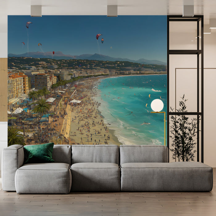French Riviera Kite Surfing Mural Wallpaper | Aerial Coastal Panorama, Vibrant Turquoise Water, Busy Beach Scene