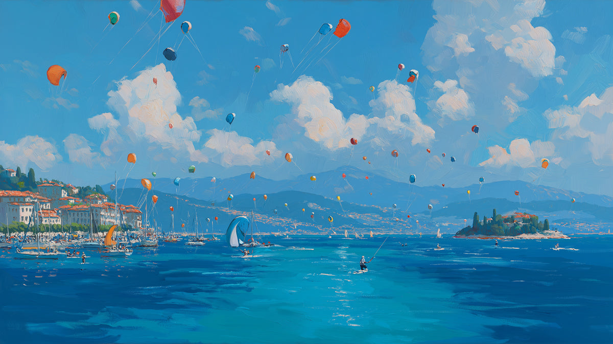 Mediterranean Kite Festival Mural Wallpaper | Oil Painting, Blue and White Clouds, Coastal Townscape
