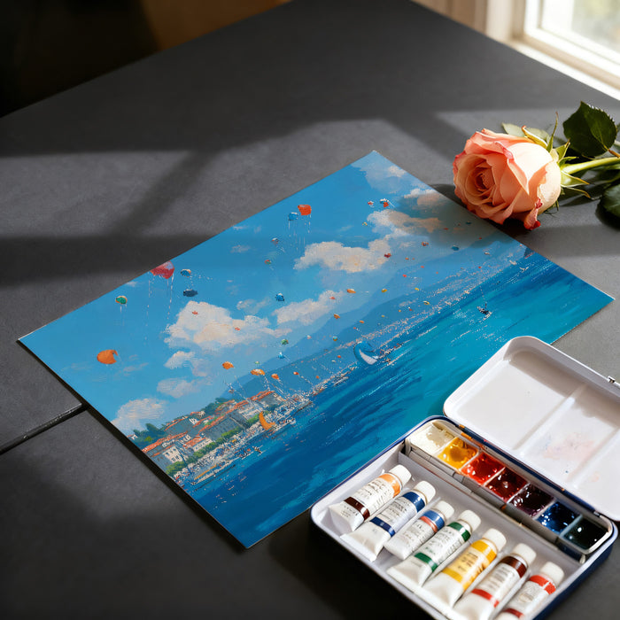 Mediterranean Kite Festival Mural Wallpaper | Oil Painting, Blue and White Clouds, Coastal Townscape