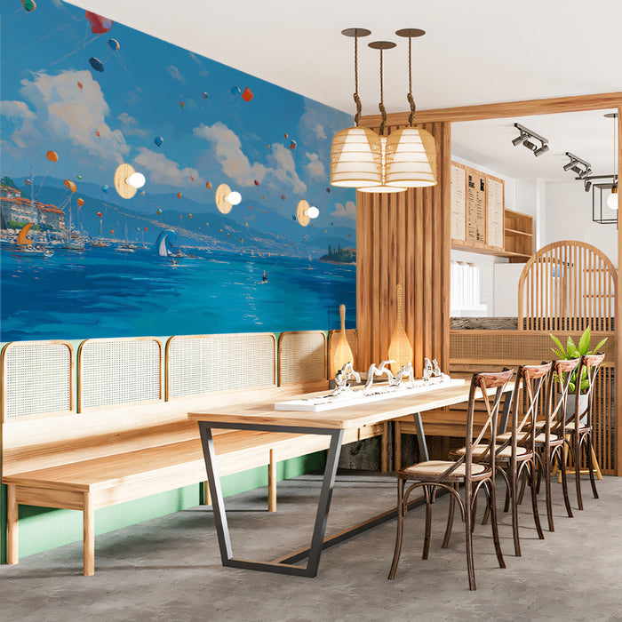 Mediterranean Kite Festival Mural Wallpaper | Oil Painting, Blue and White Clouds, Coastal Townscape