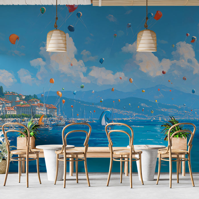 Mediterranean Kite Festival Mural Wallpaper | Oil Painting, Blue and White Clouds, Coastal Townscape