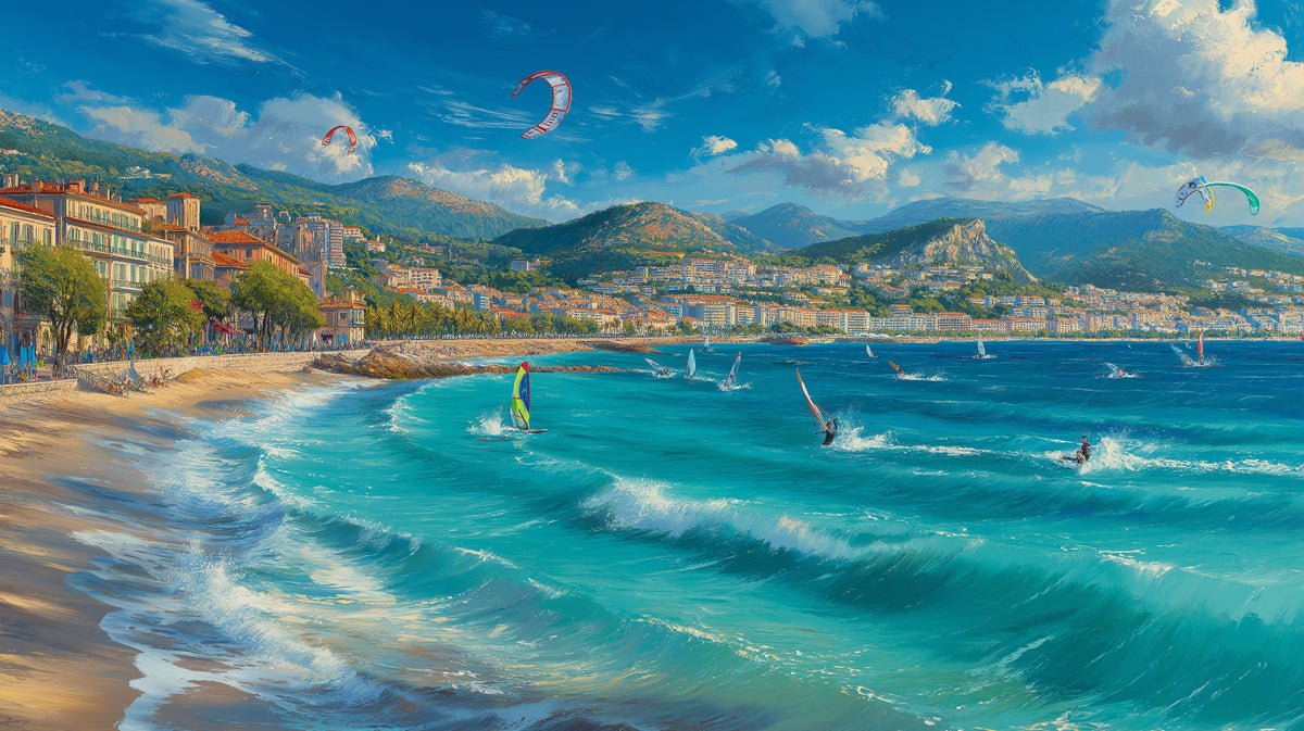 French Riviera Water Sports Mural Wallpaper | Oil Painting, Turquoise Sea, Coastal Mountain Backdrop