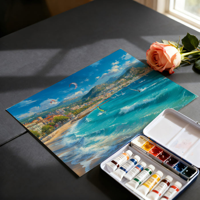 French Riviera Water Sports Mural Wallpaper | Oil Painting, Turquoise Sea, Coastal Mountain Backdrop